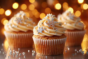 Festive cupcakes decorated for christmas holiday on blurred lights background, a Food & Drink Photo by AlyaAnd