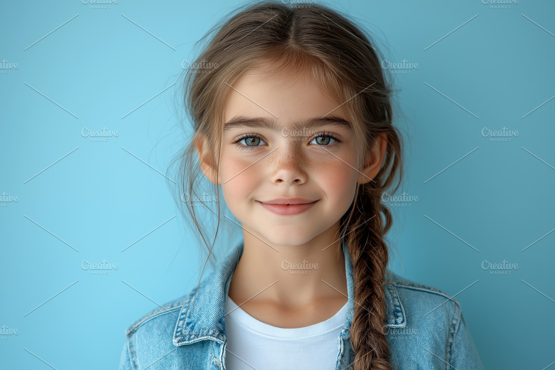 Smiling girl with long brown hair and blue eyes, wearing a denim jacket against, a Person Photo by ImageMir