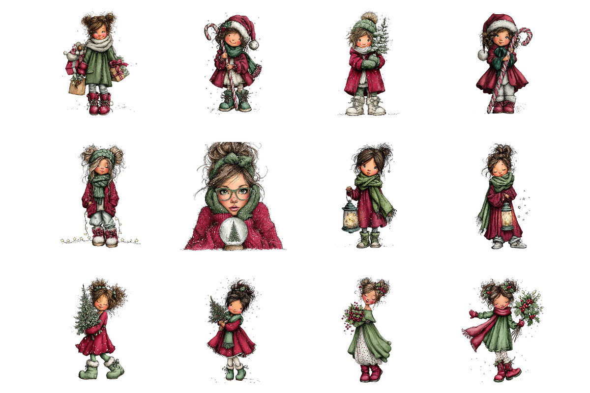 Whimsical Christmas Girl Clipart, a Seasonal Illustration by fashionaddict (Photo 2 of 7)