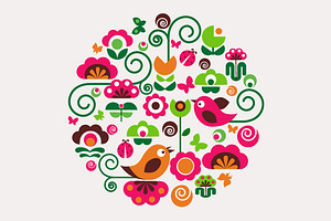 Circle design with birds & flowers