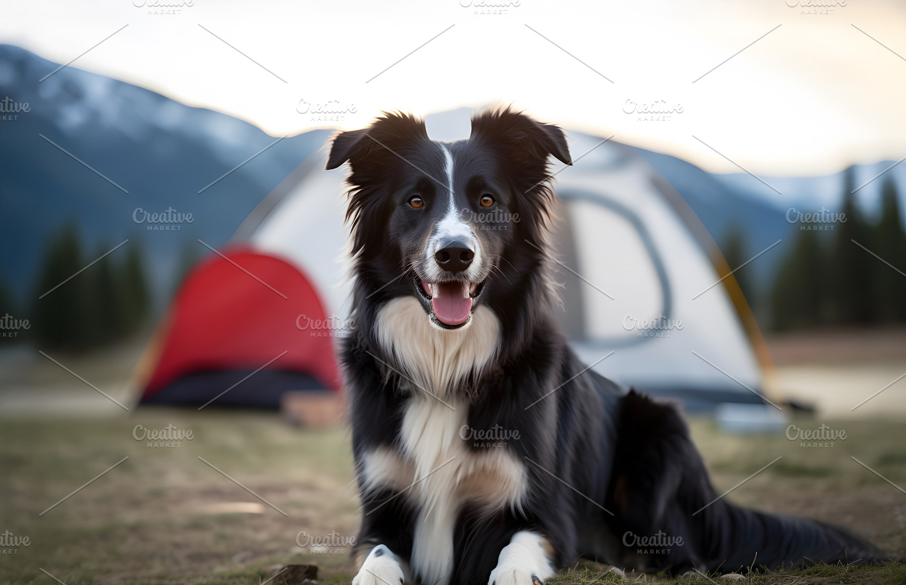 Portrait of Australian Shepherd dog in front of camping tent in mountain forest, an Animal Photo by Lenor4ik