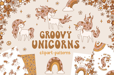 Groovy Unicorn Clipart & Patterns, an Object Illustration by NinaFedorova