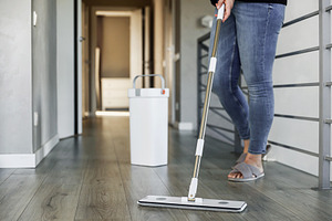 Woman mopping, wiping floor in home setting. Housewife uses mop, plastic bucket, a Person Photo by Lenor4ik