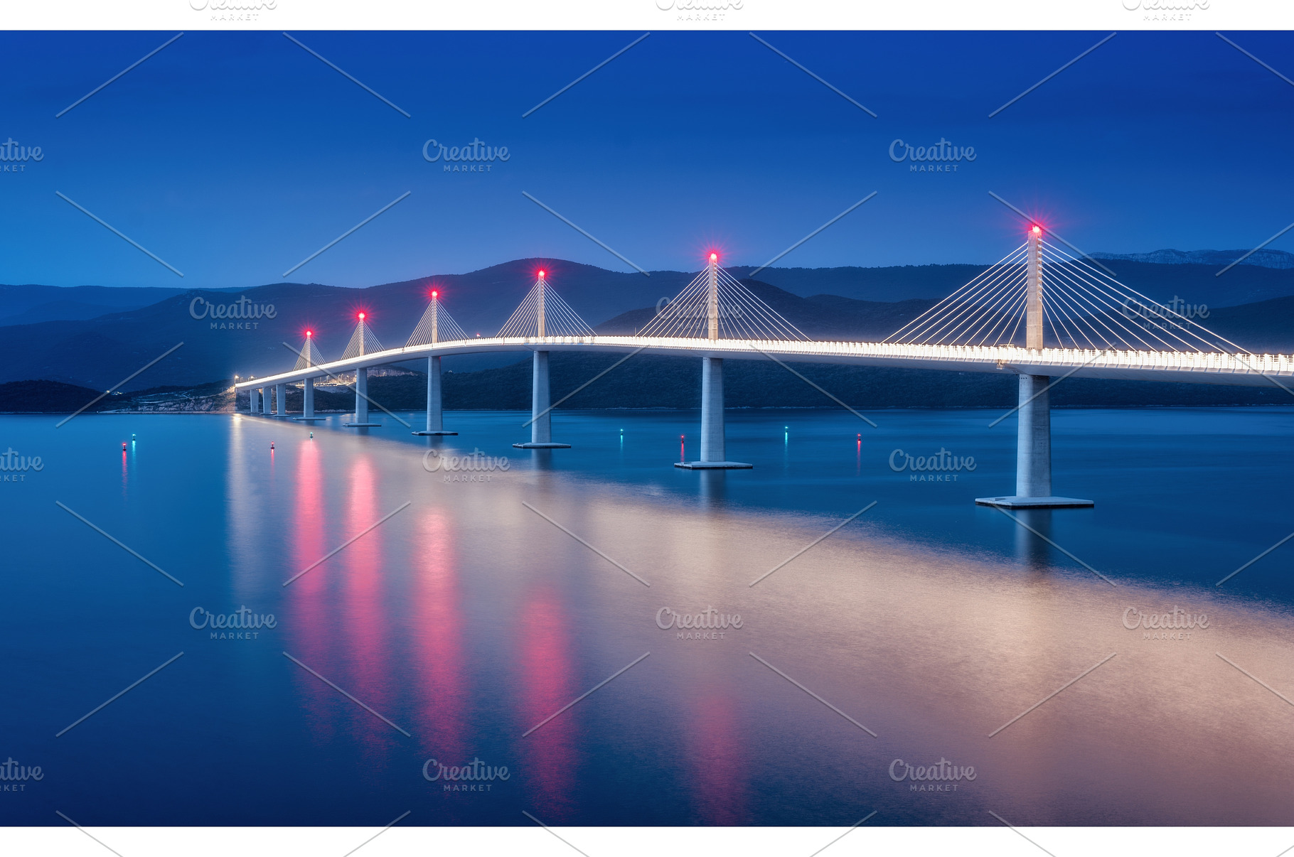 Modern Peljesac bridge with lights, an Architecture Photo by den-belitsky