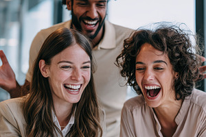 Happy diverse coworkers using laptop, a Photo by Pixeness Studio