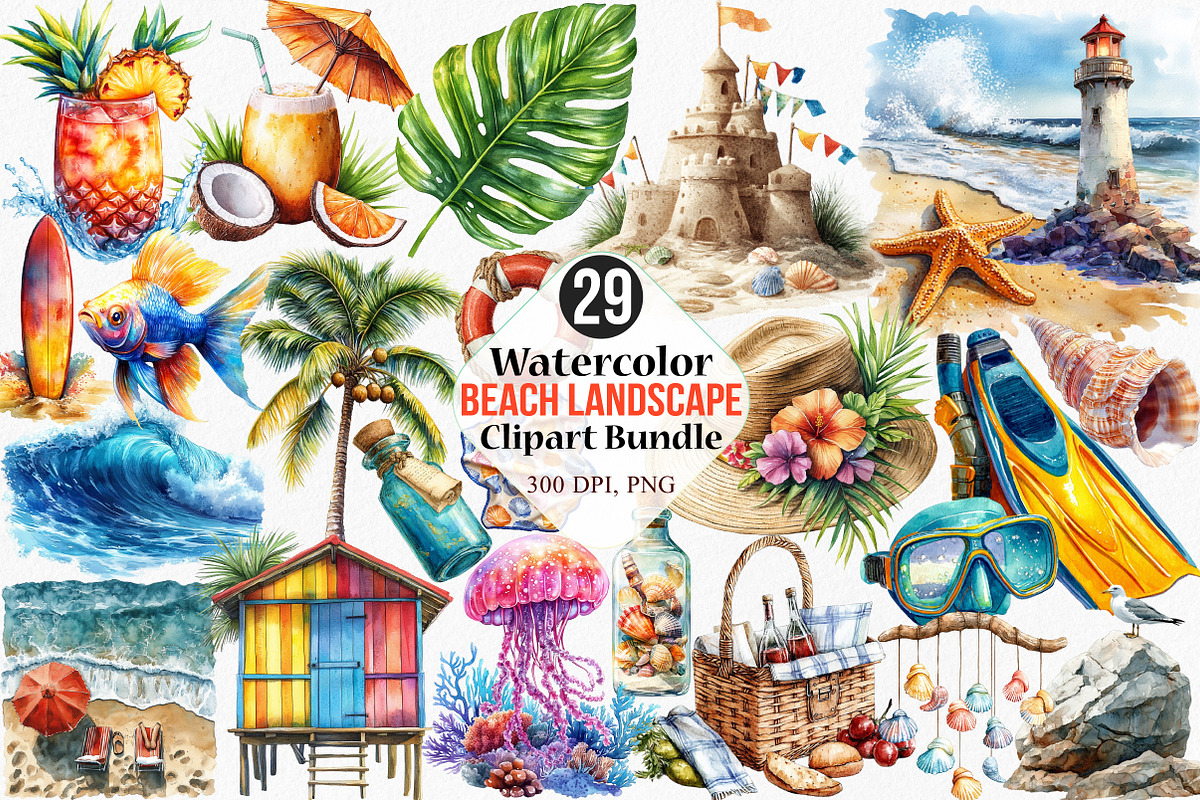 Watercolor Beach Landscape Clipart, an Illustration by Canvas Craft (Photo 1 of 7)