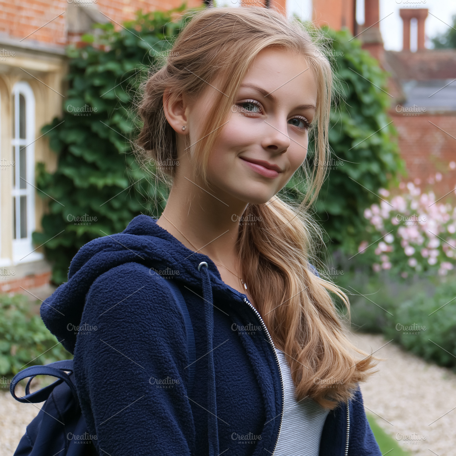 Blond hair girl with a genuine smile on her face, posing for a p, a Person Photo by Studio ANNA