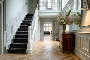 Elegant home interior with grand staircase, herringbone wood floor, wainscoting, an Architecture Photo by Studio ANNA