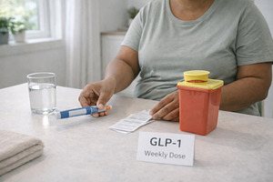 GLP1 treatment illustrating dosage with injector, patient hand,, a Photo by Dvoevnore photos