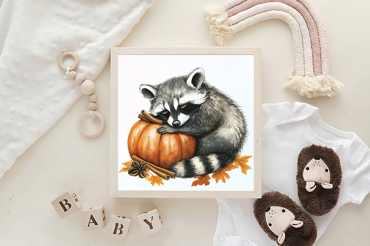 Watercolor Autumn Raccoon Clipart, an Illustration by CraftArtStudio (Photo 6 of 6)