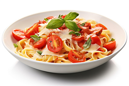 Tasty spaghetti with tomatoes and basil leafs in plate. Generative AI, a Food & Drink Photo by AlyaAnd