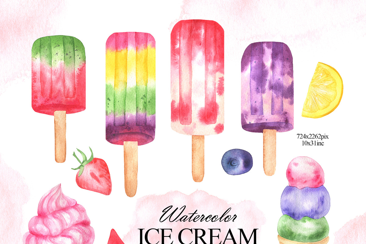 Colorful watercolor ice cream, a Food Illustration by OlDm_Shop (Photo 2 of 10)