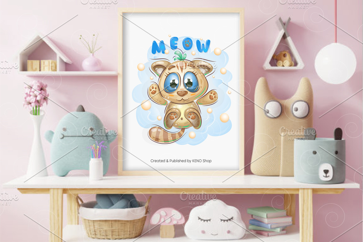 Cute kitten on a cloud. Tshirt, PNG., an Animal Illustration by KENO Mascots (Photo 3 of 4)