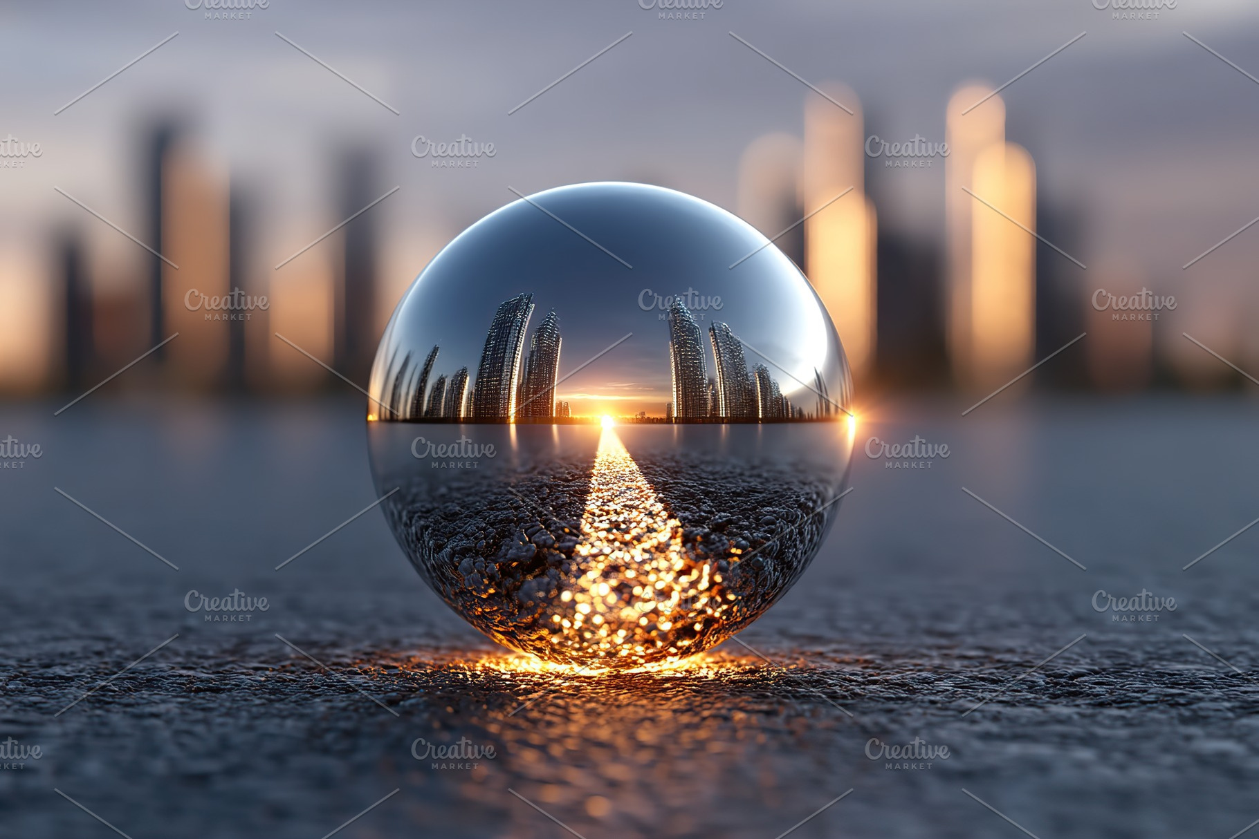 Reflection of a city skyline in a glass sphere during sunset over a cityscape, an Abstract Photo by AlyaAnd