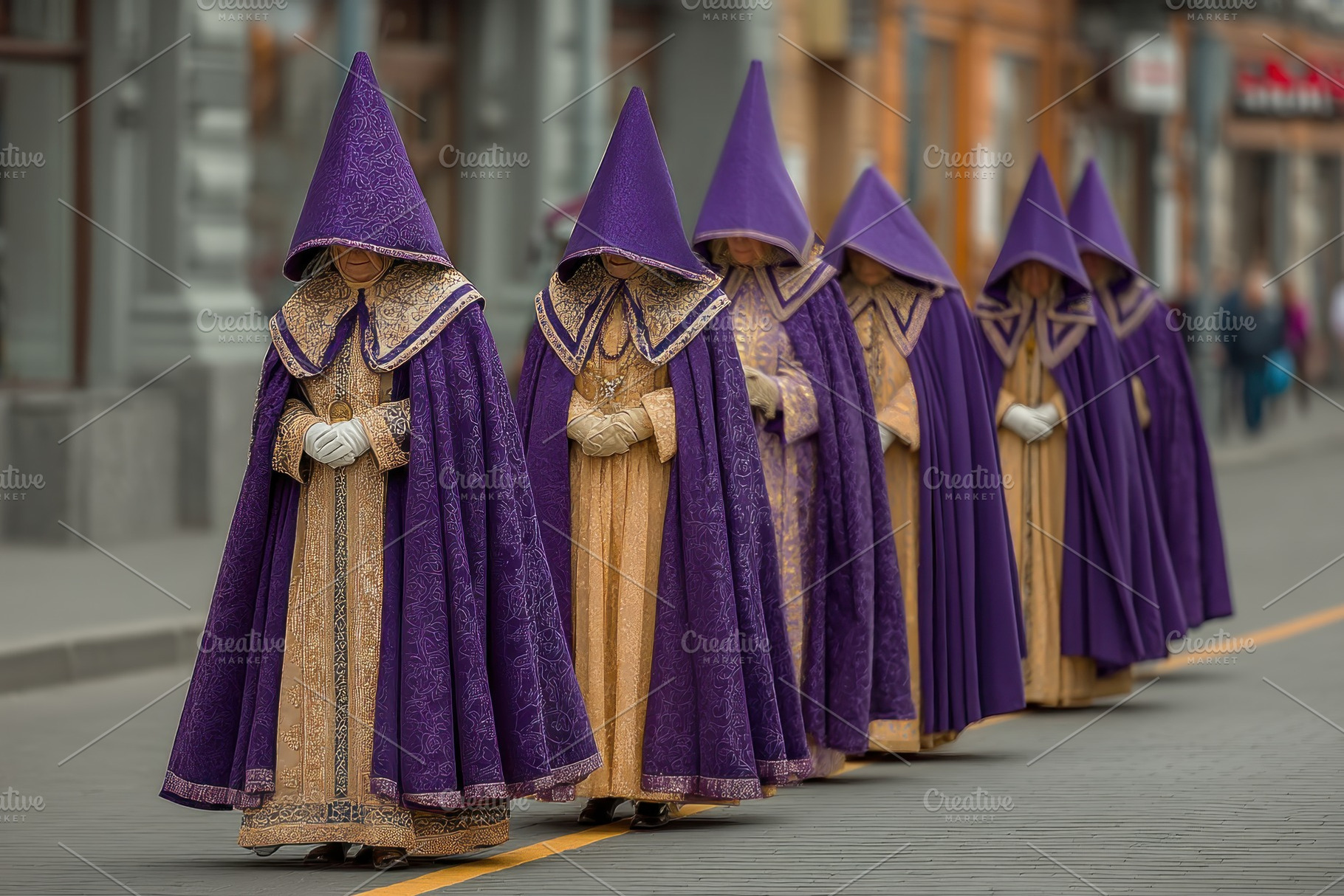 Holy Week religious procession with penitents wearing purple rob, a Person Photo by José Manuel Gelpi