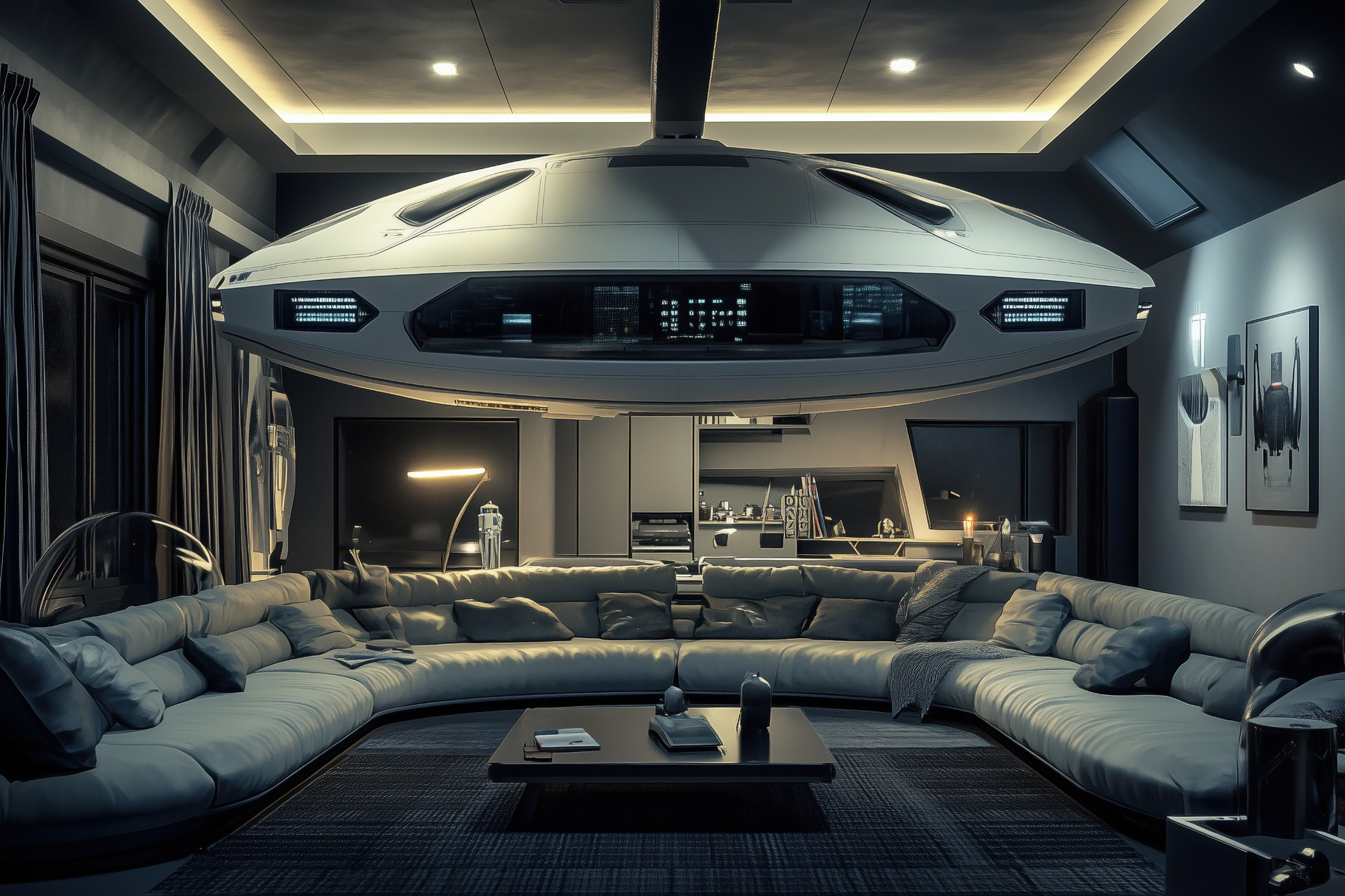 A Sci-Fi futuristic interior design style living room featuring a