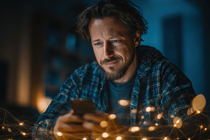 Man using phone cozy night lights, a Photo by Pixeness Studio