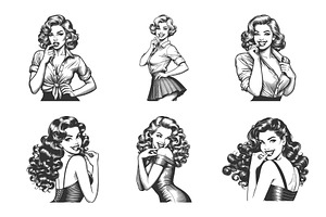 Smiling retro pin-up women portraits, a Person Illustration by AlexArt