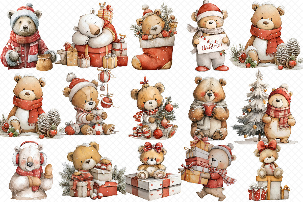 Watercolor Bear Christmas Clipart, an Illustration by cherrydesign (Photo 3 of 3)