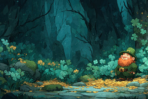 Smiling leprechaun standing in a magical forest surrounded by cl, a Nature Photo by José Manuel Gelpi