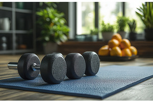 Weight training equipment is set up, a Photo by Tanuart