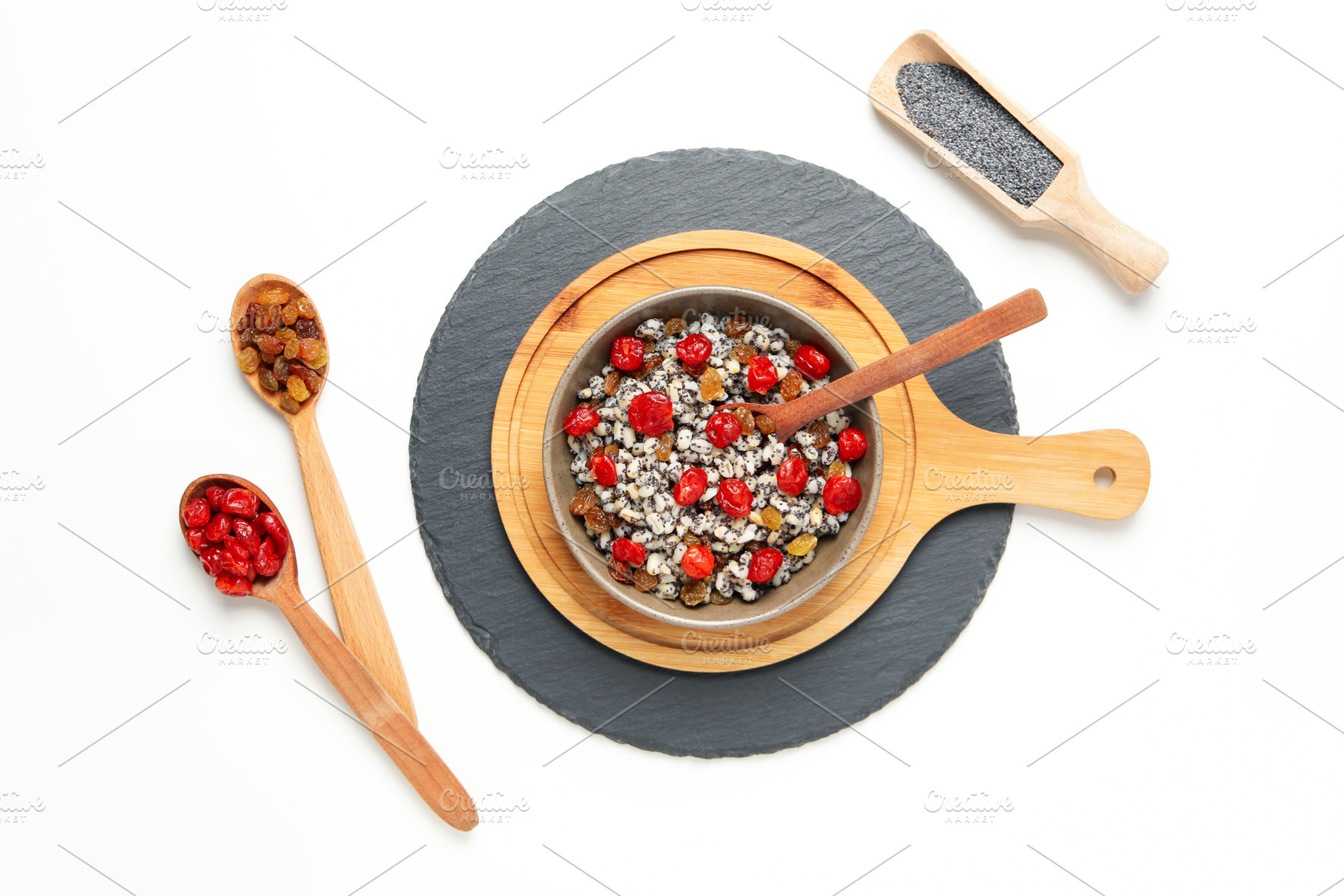 Concept of Orthodox Christmas food, Kutya, top view, a Food & Drink Photo by AtlasStudio PRO