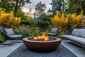 Cozy evening around a vibrant fire p, a Photo by Tanuart