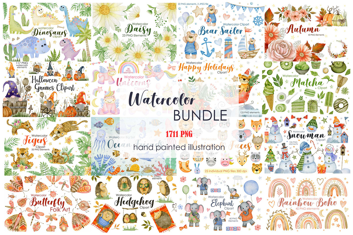 Watercolor Bundle 40 sets clipart., an Animal Illustration by Kira Konoshenko (Photo 1 of 12)