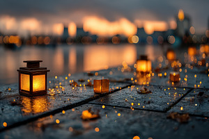 Lantern lights city sunset bokeh glo, a Photo by Pixeness Studio