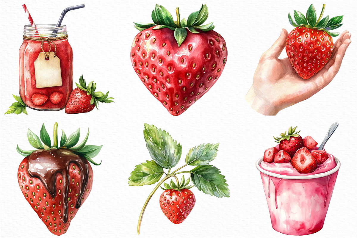 Watercolor Sweet Strawberry Clipart, an Illustration by Craft Nest (Photo 2 of 6)