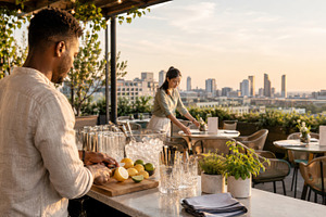 Outdoor rooftop bar with bartender a, a Photo by Dvoevnore photos