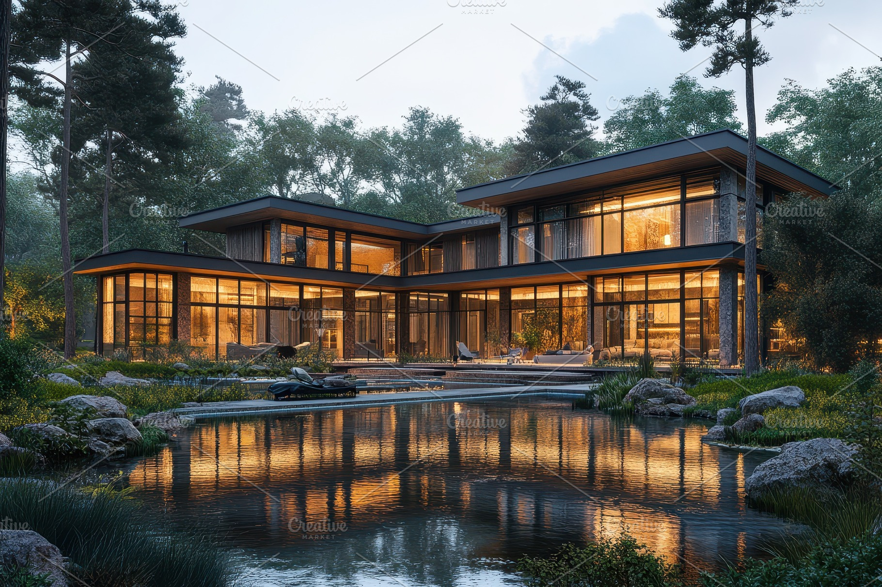 Modern glass house nestled in forest, an Abstract Photo by Pixeness