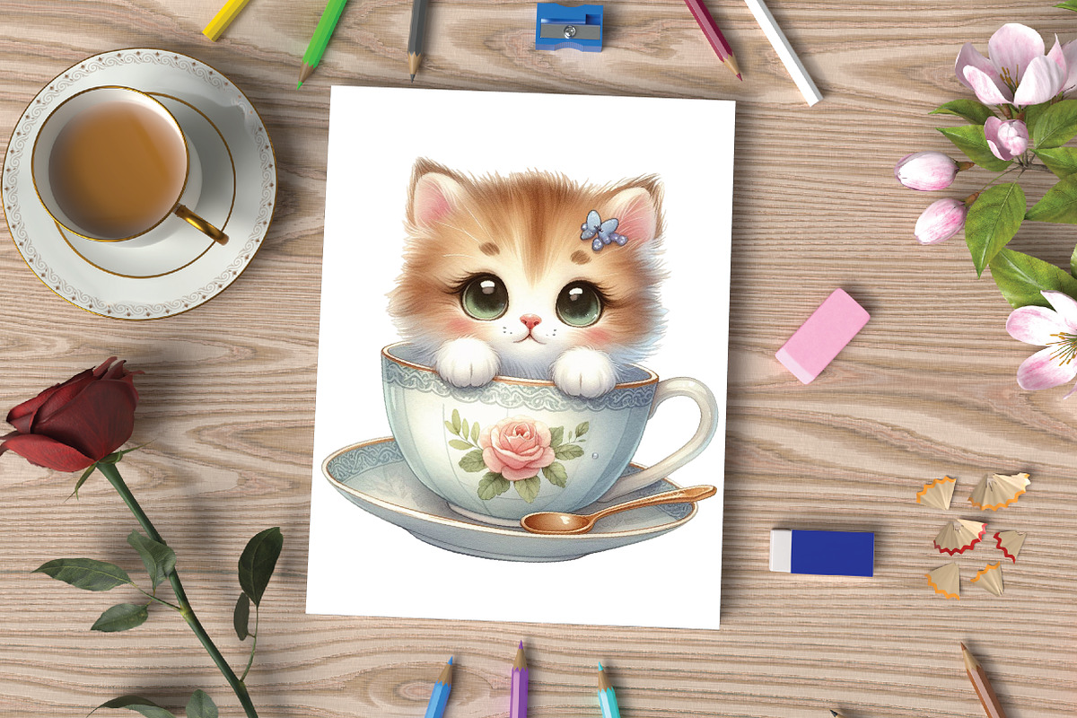 Watercolor Cute Kitten Teacup Clipar, an Illustration by CraftArtStudio (Photo 3 of 7)