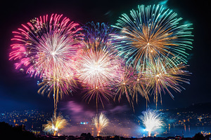 Vibrant Fireworks Display over Citys, a Photo by Pixeness Studio