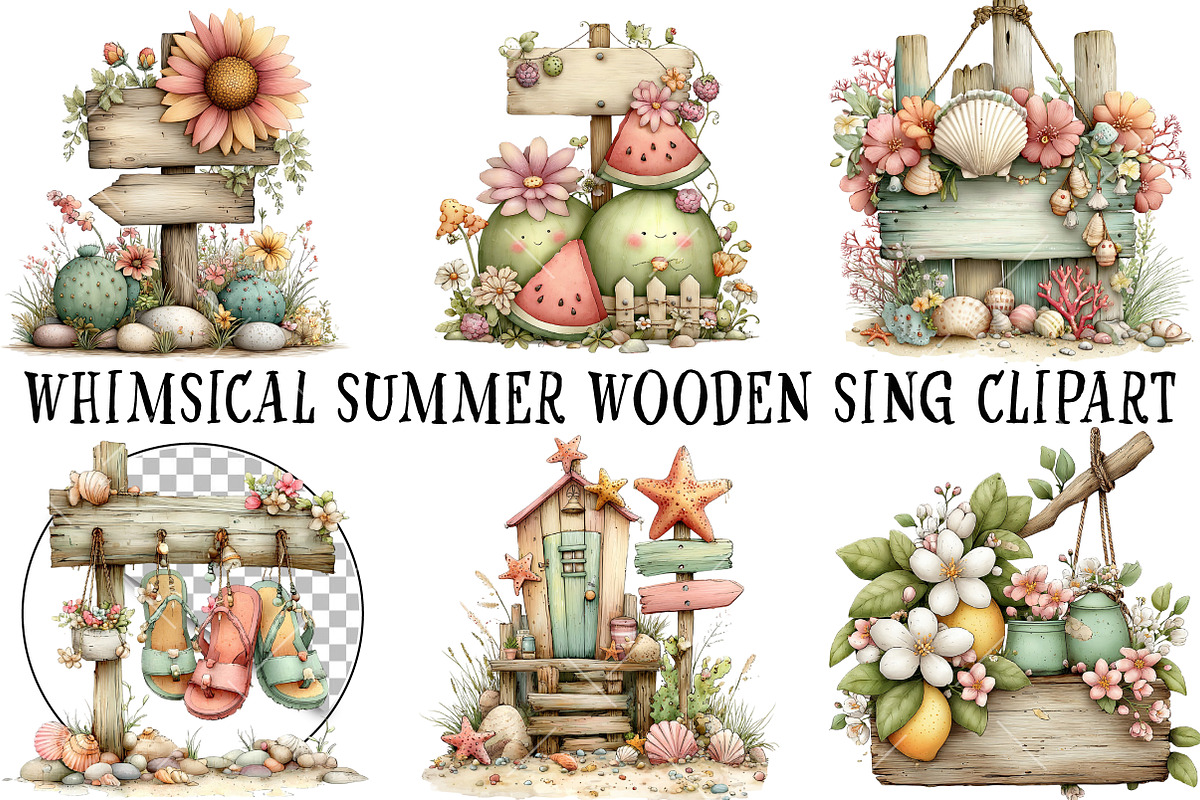 Whimsical Summer Wooden Sing Clipart, an Illustration by OK Design (Photo 2 of 6)