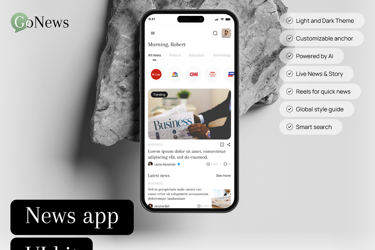 Gonews UI Kit: AI-Powered News Apps, an UI Kit Template by Fluttertop (Photo 1 of 8)