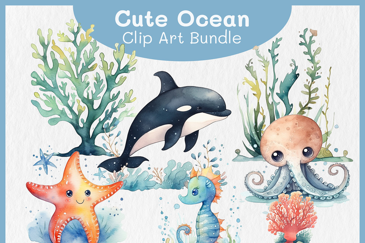 Cute Ocean Animals Clipart Bundle, an Animal Illustration by Digital Dreamscaping (Photo 1 of 4)