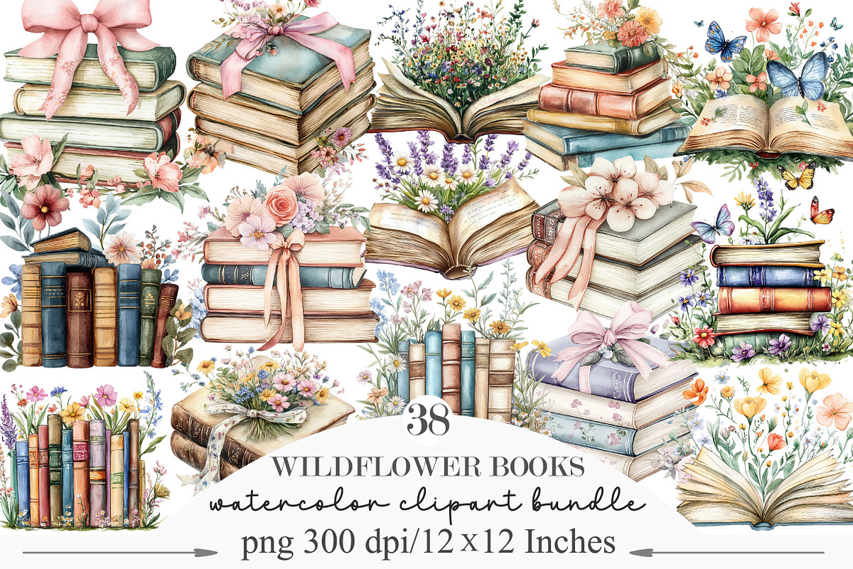 Wildflower Books Watercolor Clipart, an Illustration by Designking (Photo 1 of 5)