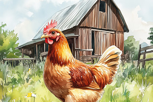 A colorful illustration of a hen walking in a grassy field with wildflowers, in, an Animal Photo by Textures & Backgrounds