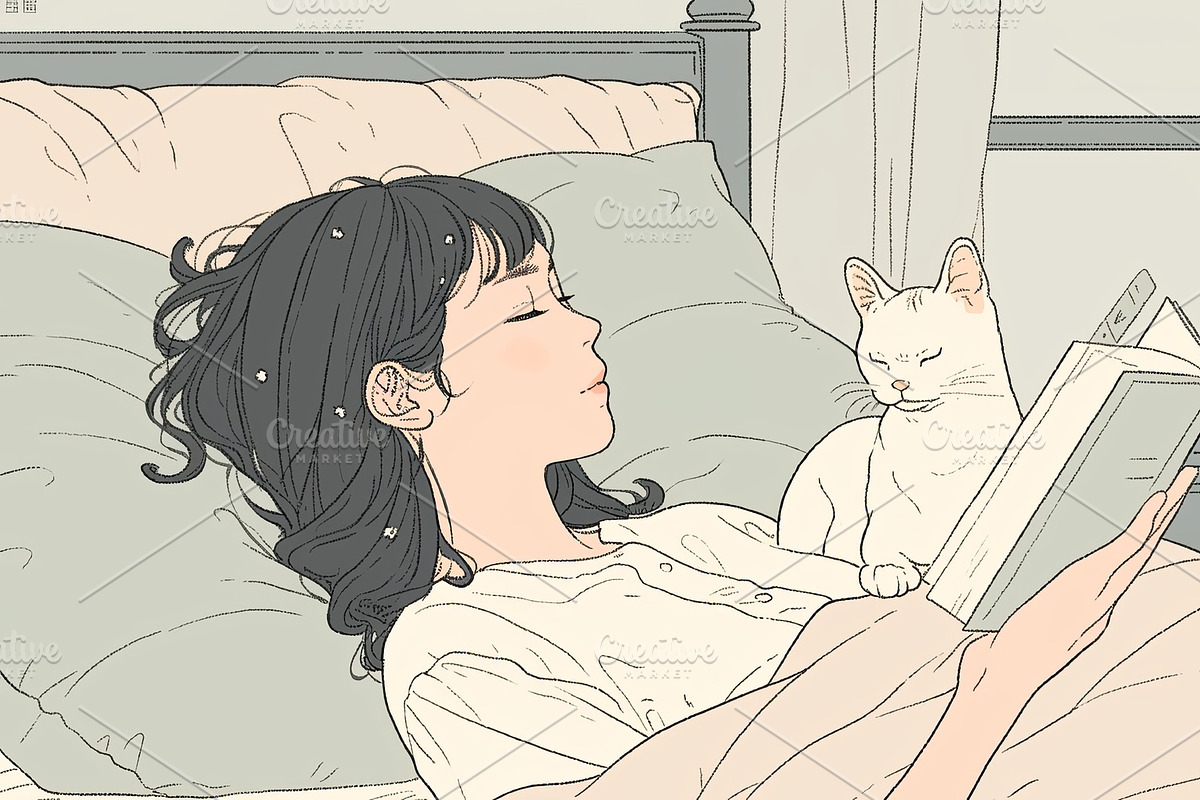 Young woman reading a book in bed with a cat beside her, an Illustration by AS photostudio