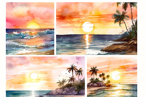 Watercolor Beach Sunsets Digital