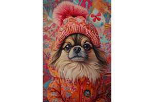 Colorful Pekingese Winter Portrait, an Animal Illustration by Art Paradise Studios