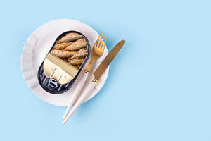 Sardinecore trend concept, canned sardines in metal jar, a Food & Drink Photo by Rimma