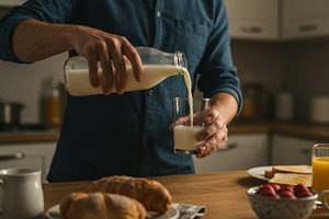 Man pouring fresh milk into a glass, a Food & Drink Photo by professorinc