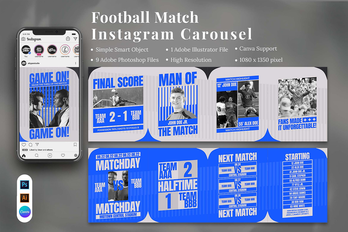 Football Match Instagram Carousel, a Social Media Template by Attype (Photo 1 of 5)