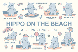 Hippo Beach Days — Clipart Bundle, an Animal Illustration by Mariia Kovalchuk