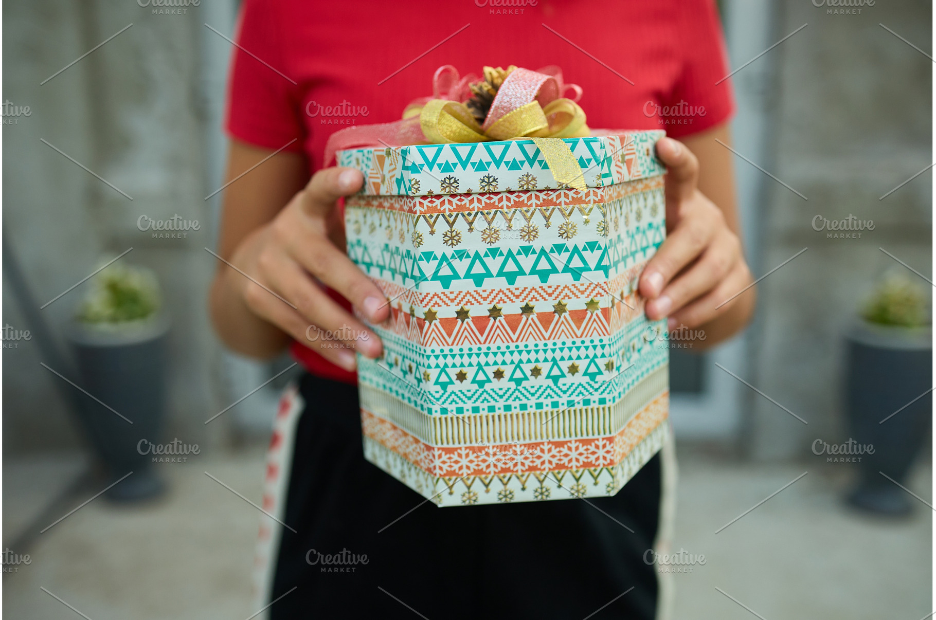 Child holding a wrapped gift outside, a Holiday Photo by IlliaBondarPhotography