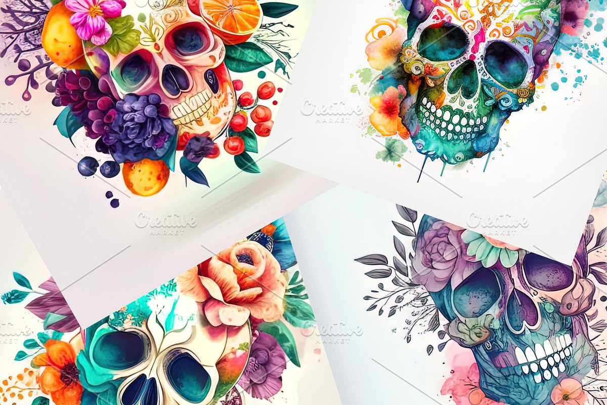 Watercolor floral skulls pack, a Wallpaper Graphic by Art's and patterns (Photo 3 of 5)