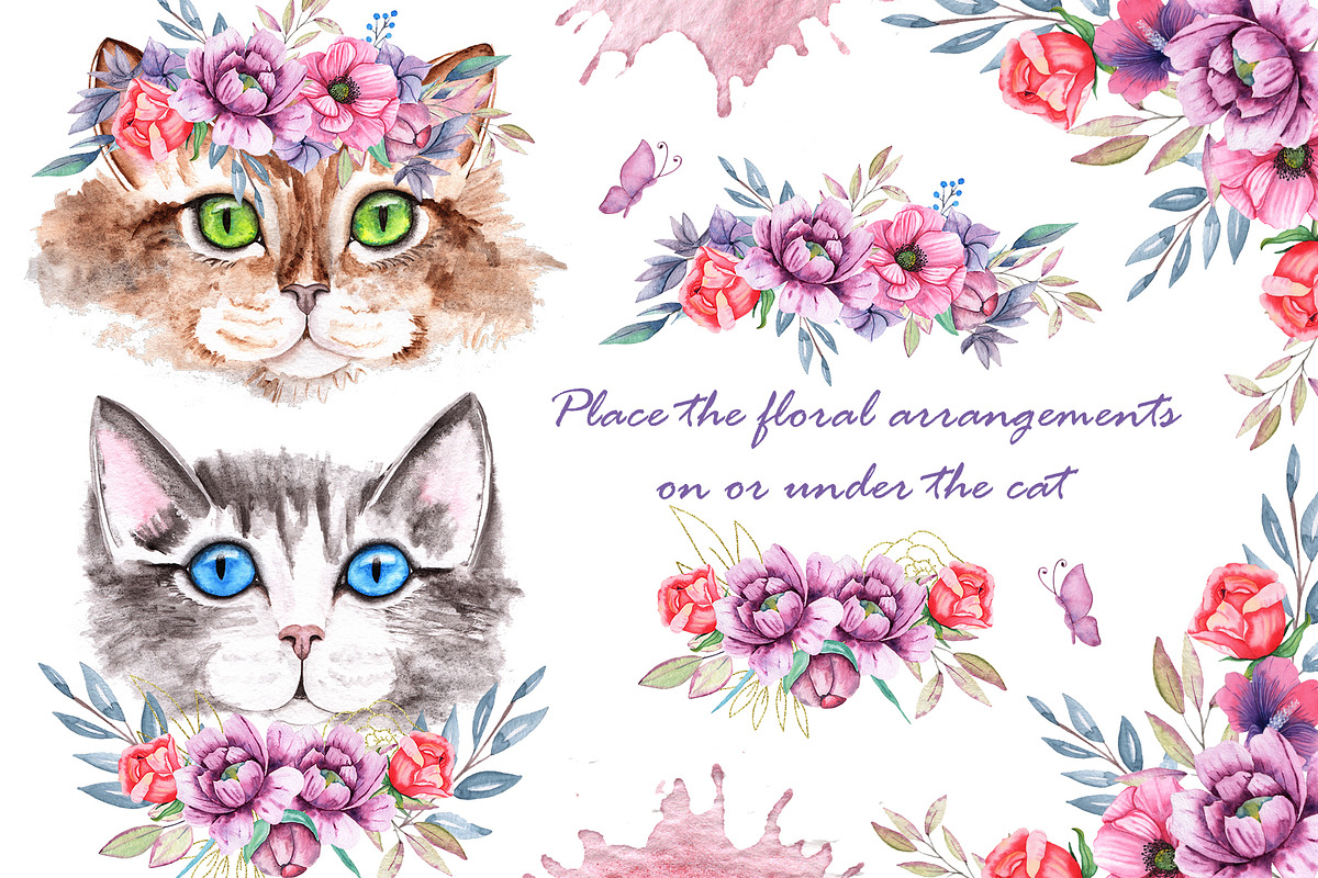 Watercolor Cats and Flowers, an Illustration by TanataDesign (Photo 12 of 13)