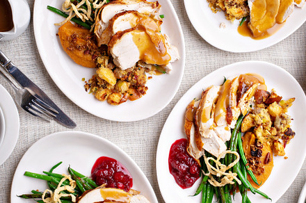 Traditional Thanksgiving plates with turkey and sides, a Food & Drink Photo by farwasser